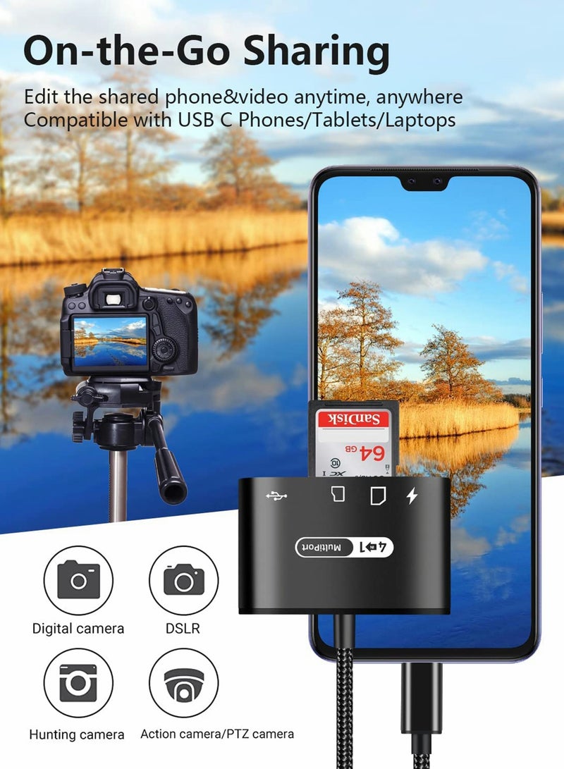 قارئ بطاقة SD USB C، 4 في 1 قارئ بطاقة Micro SD TF من نوع C مع منفذ شحن USB C، محول قارئ بطاقة الذاكرة USB C إلى USB لكاميرا لماك بوك برو وآيباد برو وجالاكسي S22/S21 والمزيد من أجهزة USB C - Image 4