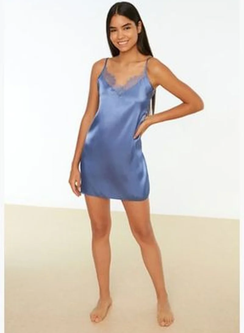 trendyol Weave Blue Satin Nightgown with Lace Detail THMAW22GC0005.