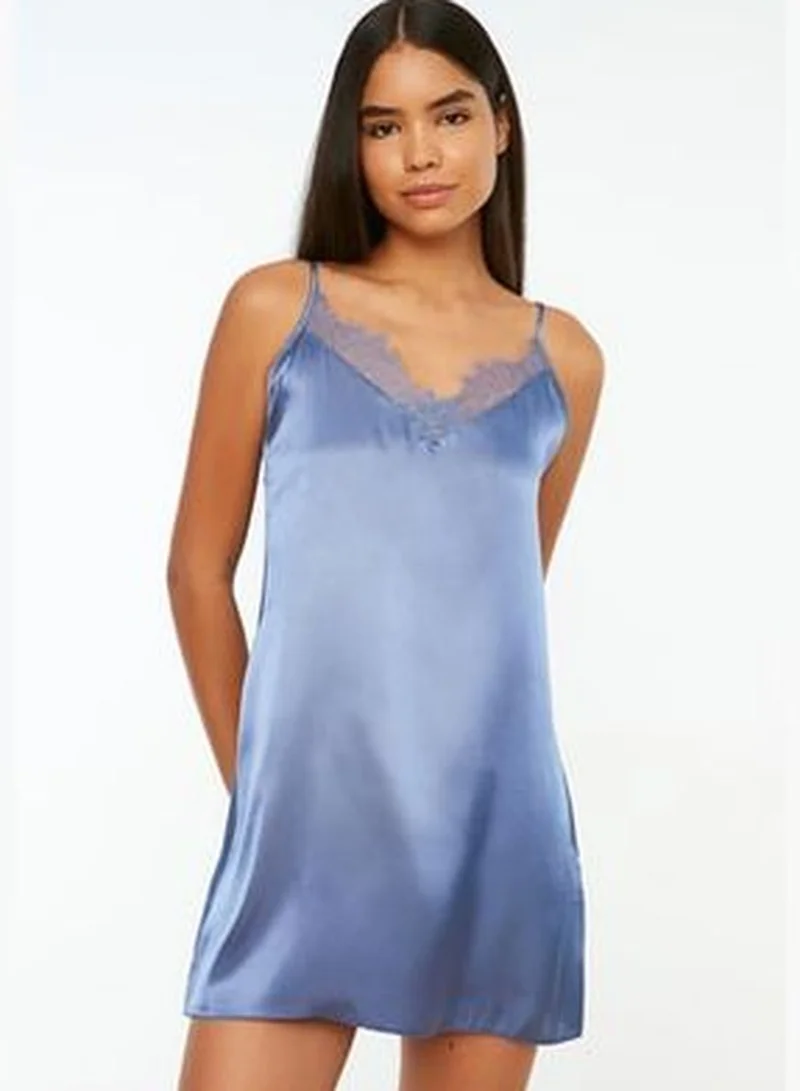 trendyol Weave Blue Satin Nightgown with Lace Detail THMAW22GC0005.