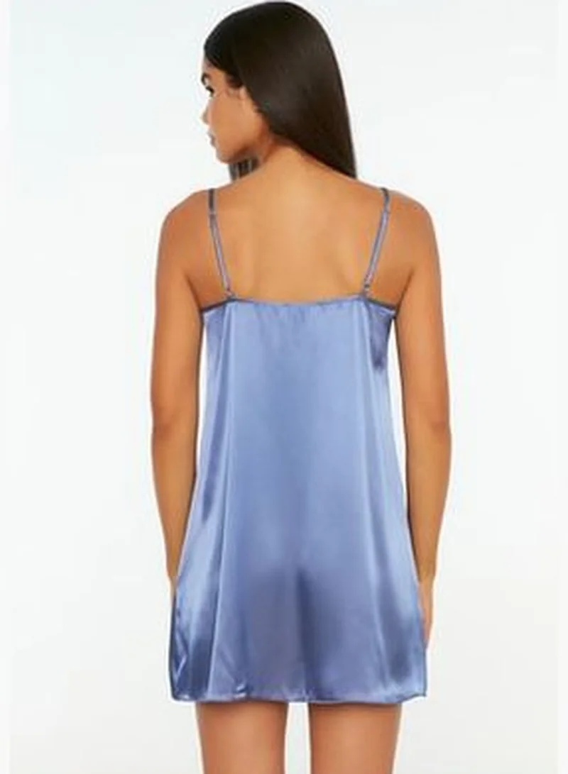 trendyol Weave Blue Satin Nightgown with Lace Detail THMAW22GC0005.