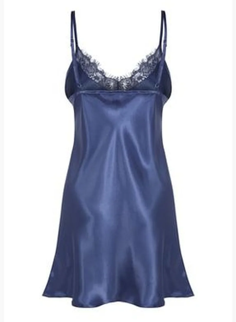 trendyol Weave Blue Satin Nightgown with Lace Detail THMAW22GC0005.