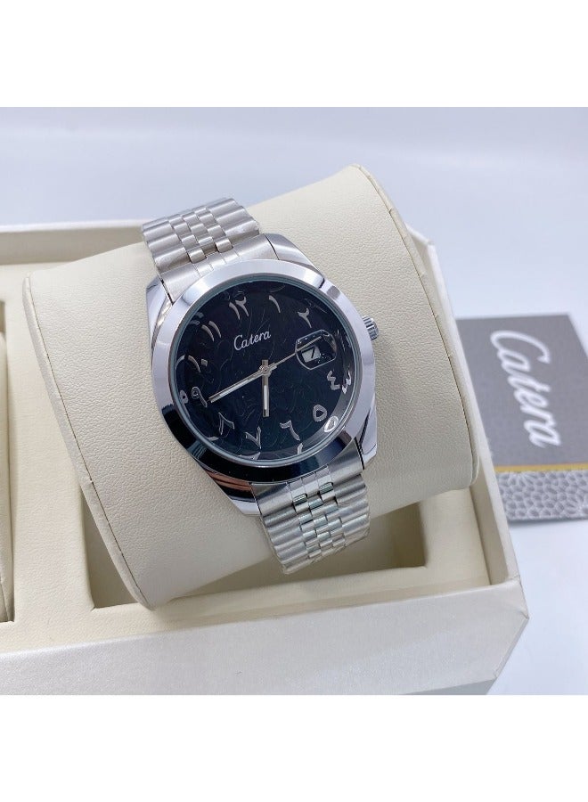 كاتيرا ساعة يد رجالية ضد الماء و بجودة عالية ستيل, مستوحاة من ساعات روليكس الشهيرة - سوار فضي مع ميناء أسود