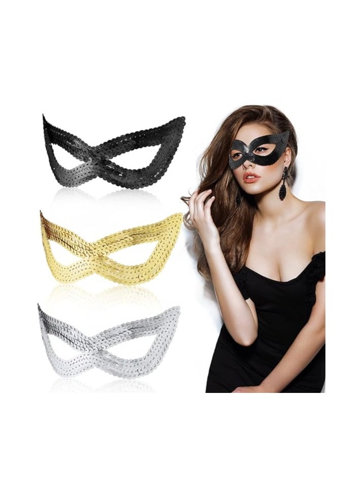 SYOSI Women Sequin Shining Eye Mask, 3 Pieces Fancy Dress Masked Masquerade Cat Gold Silver Black Venetian Masks, for Girls Halloween Party Outfit Accessories, Role Play, Weddings, Concerts, Carnivals  - Image 1