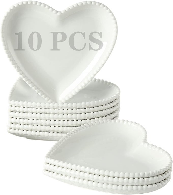 63 INCH PORCELAIN APPETIZER PLATES SET OF 10 HEART SHAPE SMALL DINNER PLATES WHITE DESSERT SALAD PLATES SERVING DISHES FOR CAKE SNACK ICE CREAM WAFFLES MICROWAVE OVEN DISHWASHER SAFE