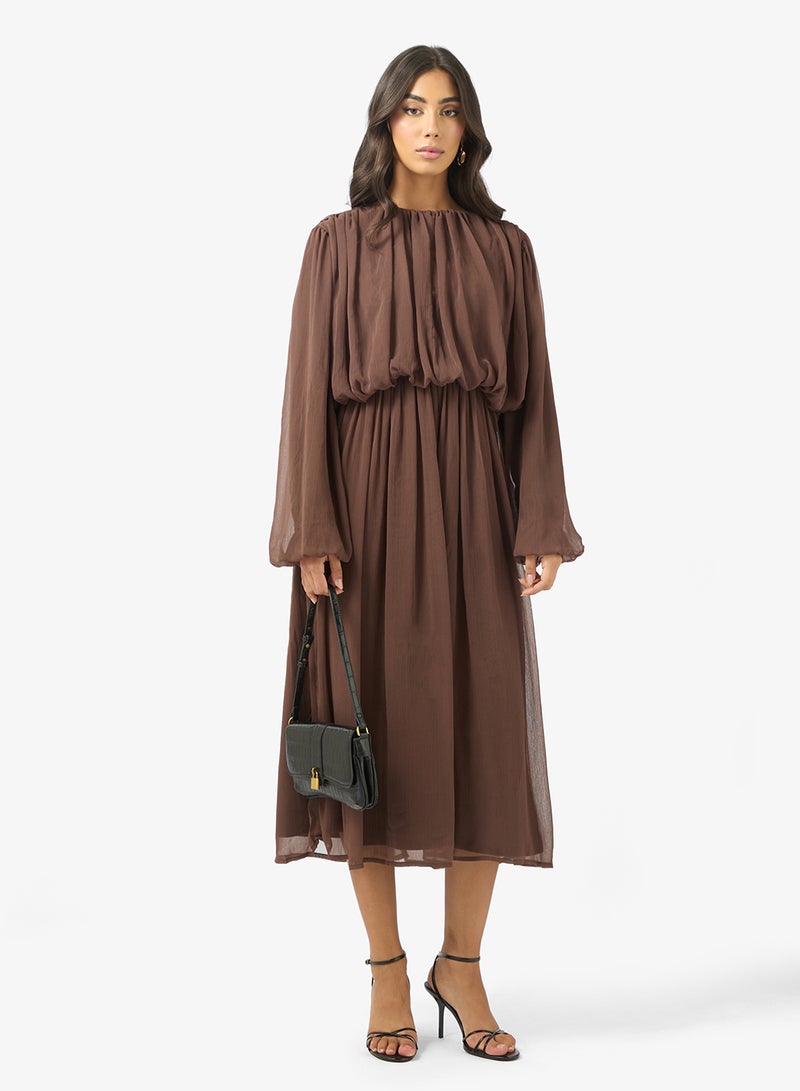BCBG Ruched Waist Long Sleeves Midi Dress - Image 4