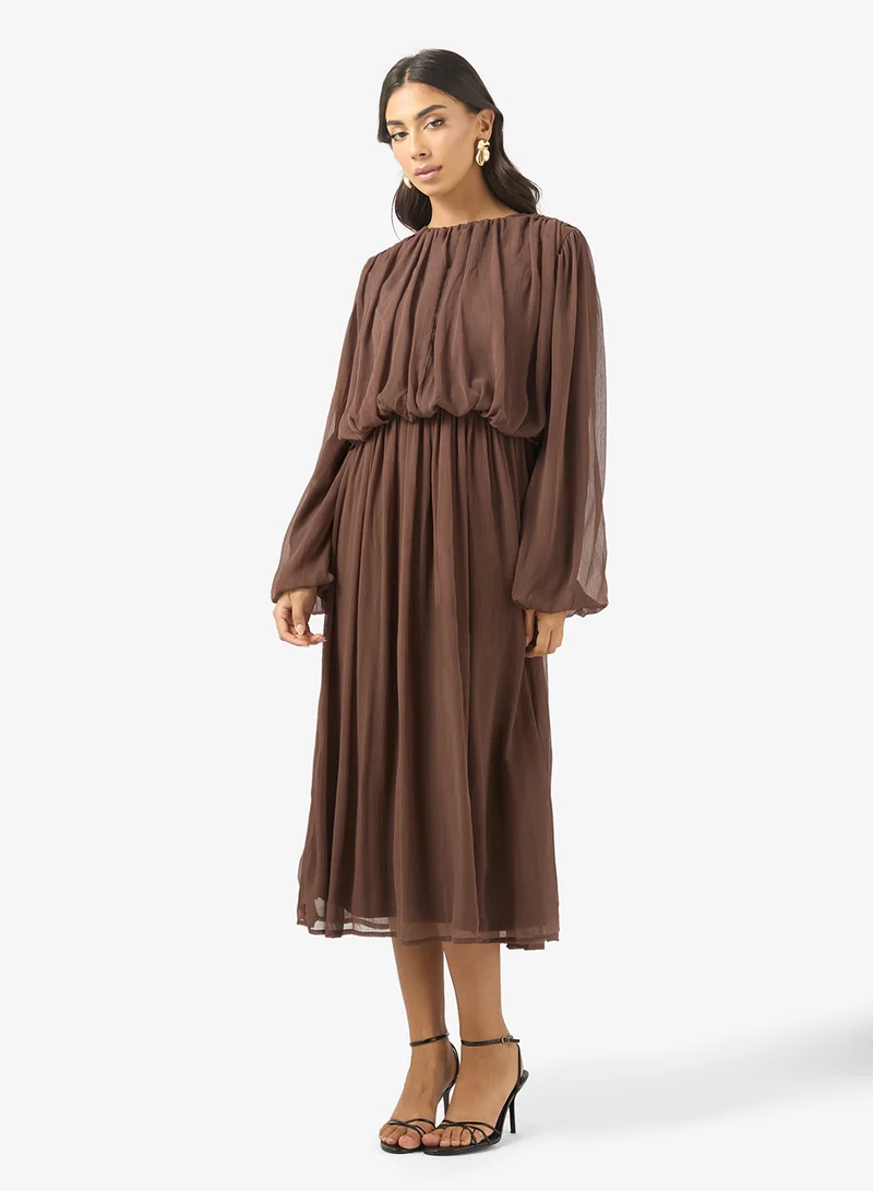 Ruched Waist Long Sleeves Midi Dress