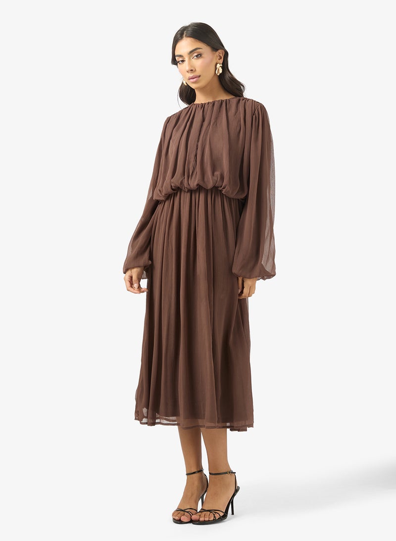 BCBG Ruched Waist Long Sleeves Midi Dress - Image 1