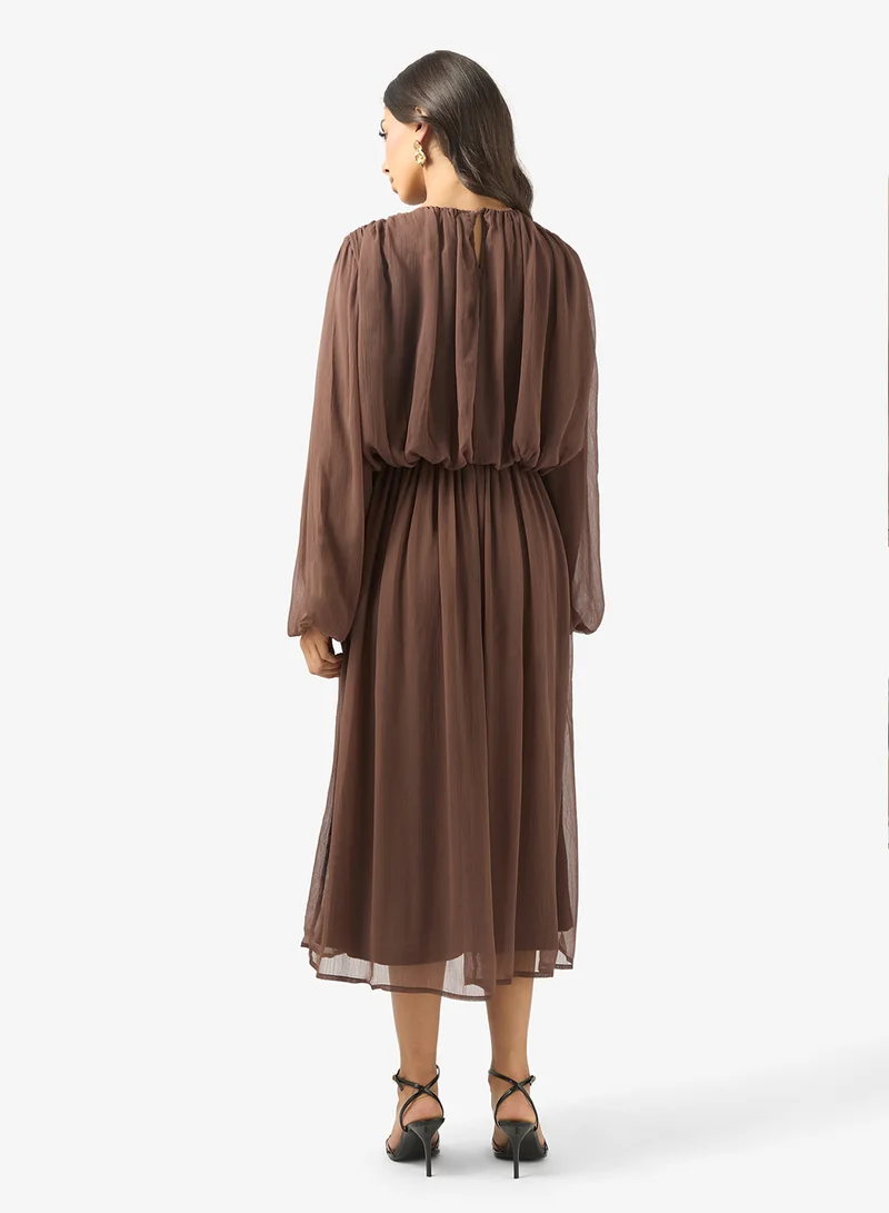 BCBG Ruched Waist Long Sleeves Midi Dress