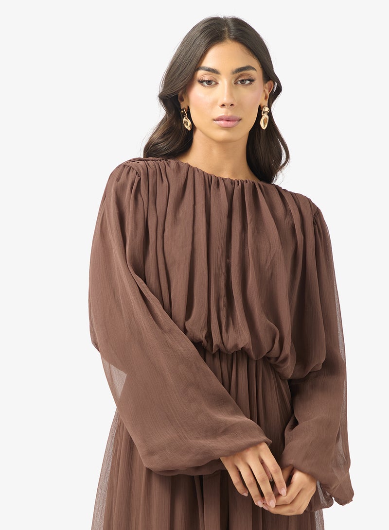 BCBG Ruched Waist Long Sleeves Midi Dress - Image 3