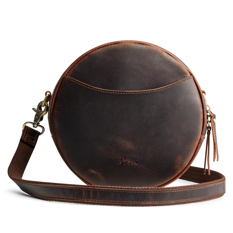 S-ZONE Leather Crossbody Bags for Women Trendy Circle Cross Body Shoulder Bag Designer Round Purses - Image 1