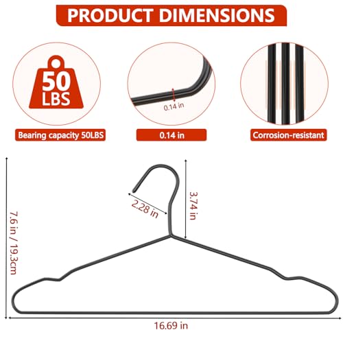 ANJUBAN 40Pack+5 Clips Luxurious Hanger Set, 16.69" Heavy Duty Matte Black Metal Hangers, Weight Capacity 50lbs Smooth Powder Coated Finish, Non-Slip Compact Shirt Hangers - Image 2