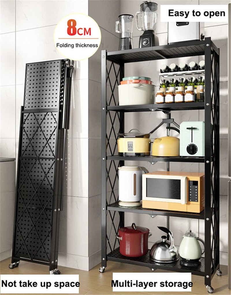 Metal Organizers Rolling Cart Display Wire Rack Shelf,5-Tier Foldable Storage Shelving Unit,with Wheels Freestanding Book Shelf Folding Storage Rack Unit, for Garage Bedroom Kitchen and Pantry - Image 2