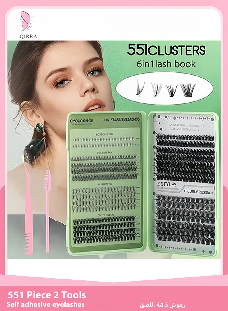 قِيرّا مجموعة رموش صناعية DIY - 551 خصلة مع ملاقط، قابلة لإعادة الاستخدام، طبيعية وكثيفة، 6 أنماط - Image 1