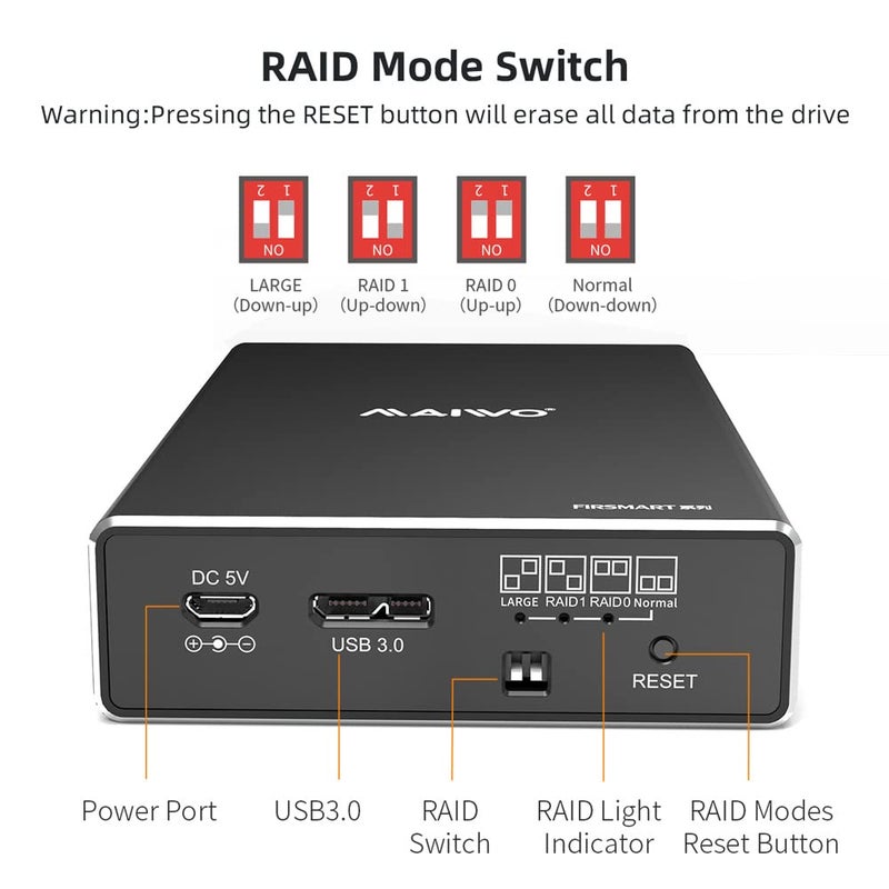 MAIWO حاوية RAID لقرصين من MAIWO لقرص صلب SATA SSD HDD بحجم 2.5 بوصة، RAID 0/RAID 1/JBOD/PM، USB 3.0 بسرعة 6Gbps مع UASP، سعة 16TB، حاوية HDD خارجية من الألمنيوم - Image 4
