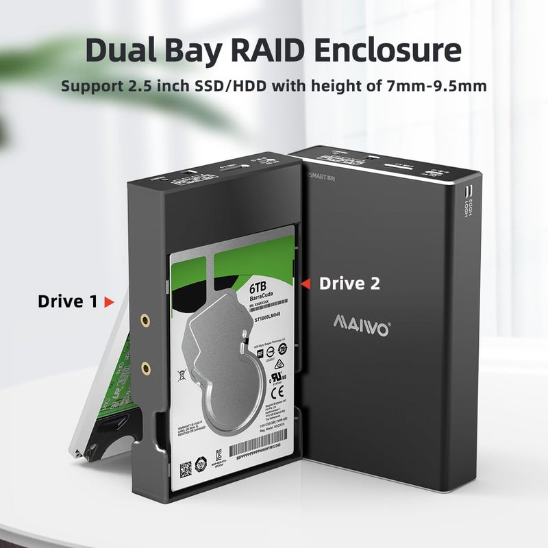 MAIWO حاوية RAID لقرصين من MAIWO لقرص صلب SATA SSD HDD بحجم 2.5 بوصة، RAID 0/RAID 1/JBOD/PM، USB 3.0 بسرعة 6Gbps مع UASP، سعة 16TB، حاوية HDD خارجية من الألمنيوم - Image 3