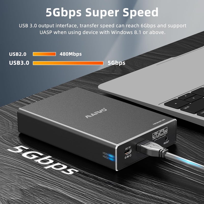 MAIWO حاوية RAID لقرصين من MAIWO لقرص صلب SATA SSD HDD بحجم 2.5 بوصة، RAID 0/RAID 1/JBOD/PM، USB 3.0 بسرعة 6Gbps مع UASP، سعة 16TB، حاوية HDD خارجية من الألمنيوم - Image 2