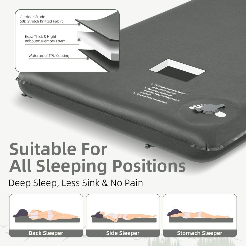Wevelel Memory Foam Camping Mattress Pad, 3.5" Ultra-Thick Sleeping Mats for Camping, Easy Inflate&Deflate,9.5 R-Value(Gray) - Image 4