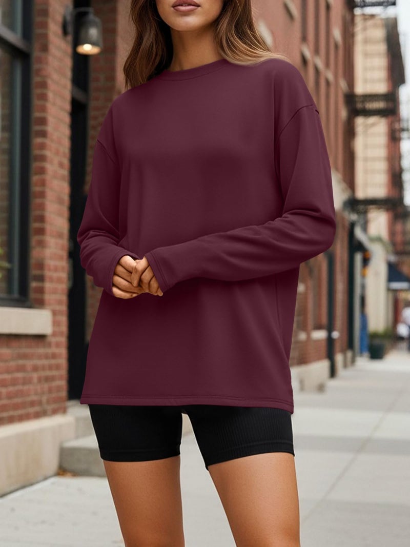 Trendy Queen Womens Spring Tops Oversized Long Sleeve T Shirts 2026 Basic Tee Fall Casual Workout Y2K Clothes Burgundy M - Image 2