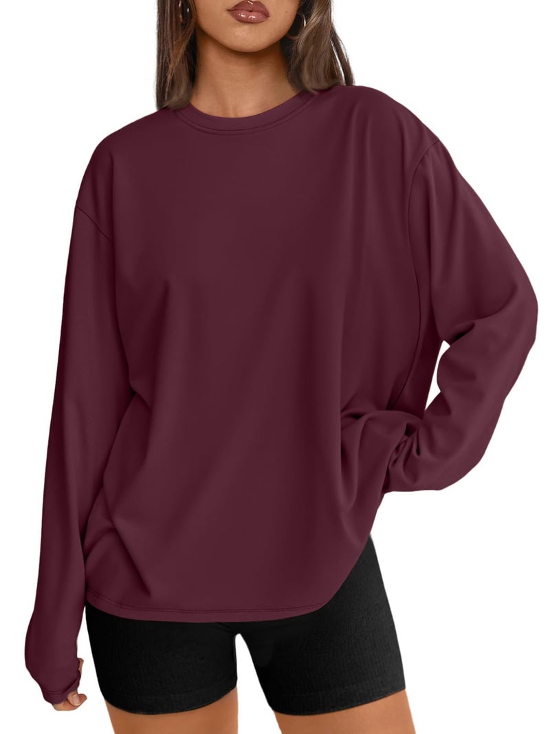 Trendy Queen Womens Spring Tops Oversized Long Sleeve T Shirts 2026 Basic Tee Fall Casual Workout Y2K Clothes Burgundy M - Image 1