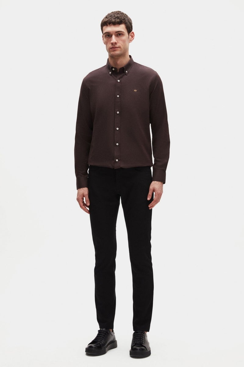 D'S DAMAT Slim Fit Bitter Brown Oxford Button-down Collar Easy Ironable Embroidered Detailed Cotton Shirt 4HC02ORT03265 - Image 4