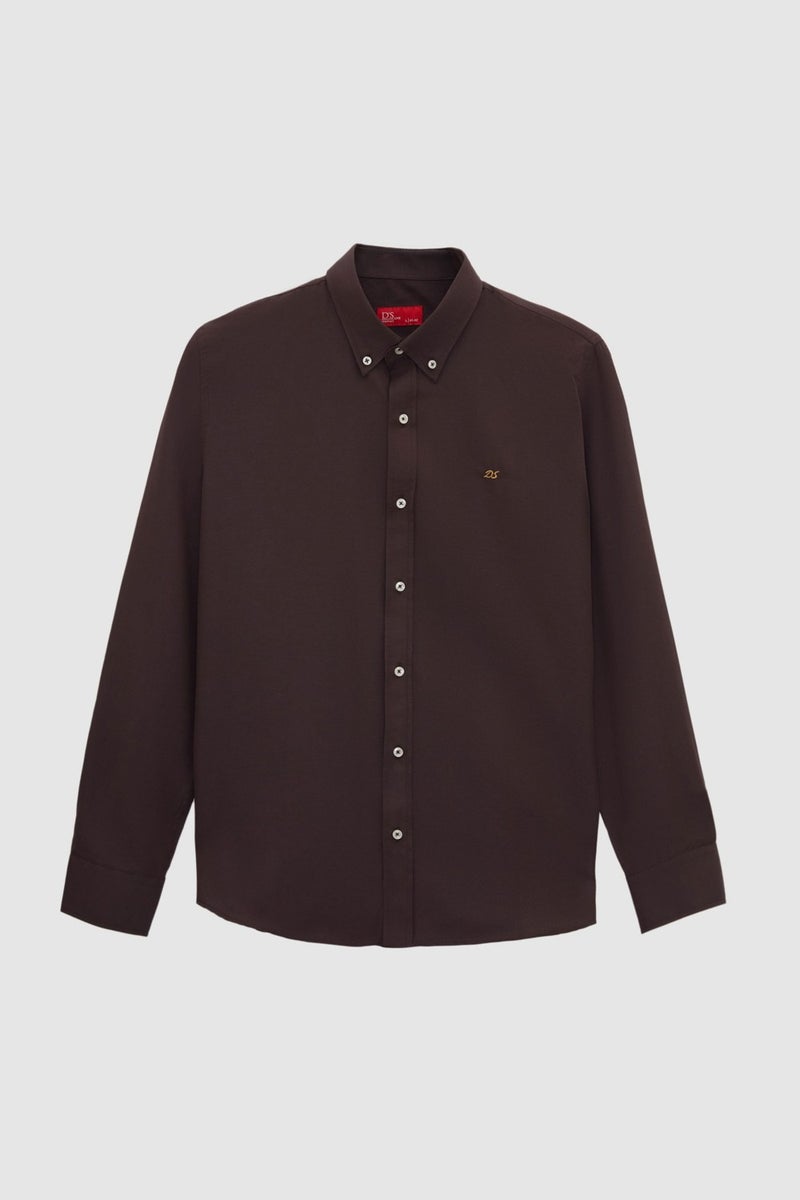 D'S DAMAT Slim Fit Bitter Brown Oxford Button-down Collar Easy Ironable Embroidered Detailed Cotton Shirt 4HC02ORT03265 - Image 5