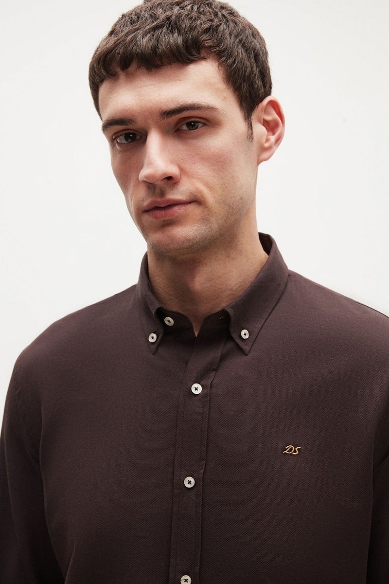 D'S DAMAT Slim Fit Bitter Brown Oxford Button-down Collar Easy Ironable Embroidered Detailed Cotton Shirt 4HC02ORT03265 - Image 2