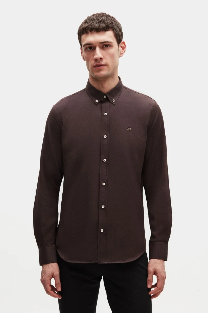 D'S DAMAT Slim Fit Bitter Brown Oxford Button-down Collar Easy Ironable Embroidered Detailed Cotton Shirt 4HC02ORT03265