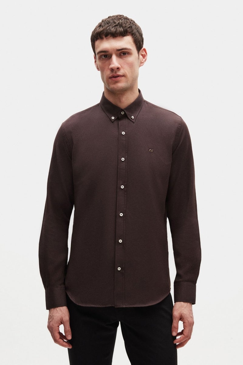 D'S DAMAT Slim Fit Bitter Brown Oxford Button-down Collar Easy Ironable Embroidered Detailed Cotton Shirt 4HC02ORT03265 - Image 1