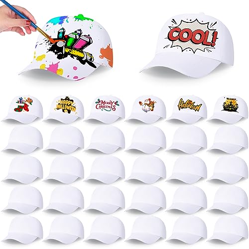 JaGely 30 Pcs DIY Kids Baseball Caps Hats White Adjustable White Baseball Hat for Boys Girls Camp Birthday Painting Activity - Image 1