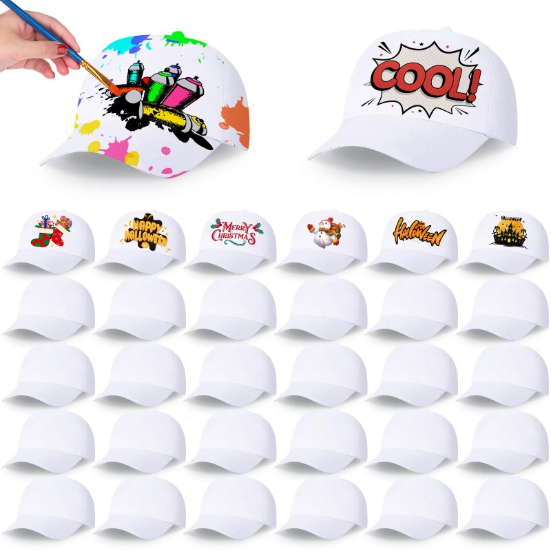 JaGely 30 Pcs DIY Kids Baseball Caps Hats White Adjustable White Baseball Hat for Boys Girls Camp Birthday Painting Activity - Image 2