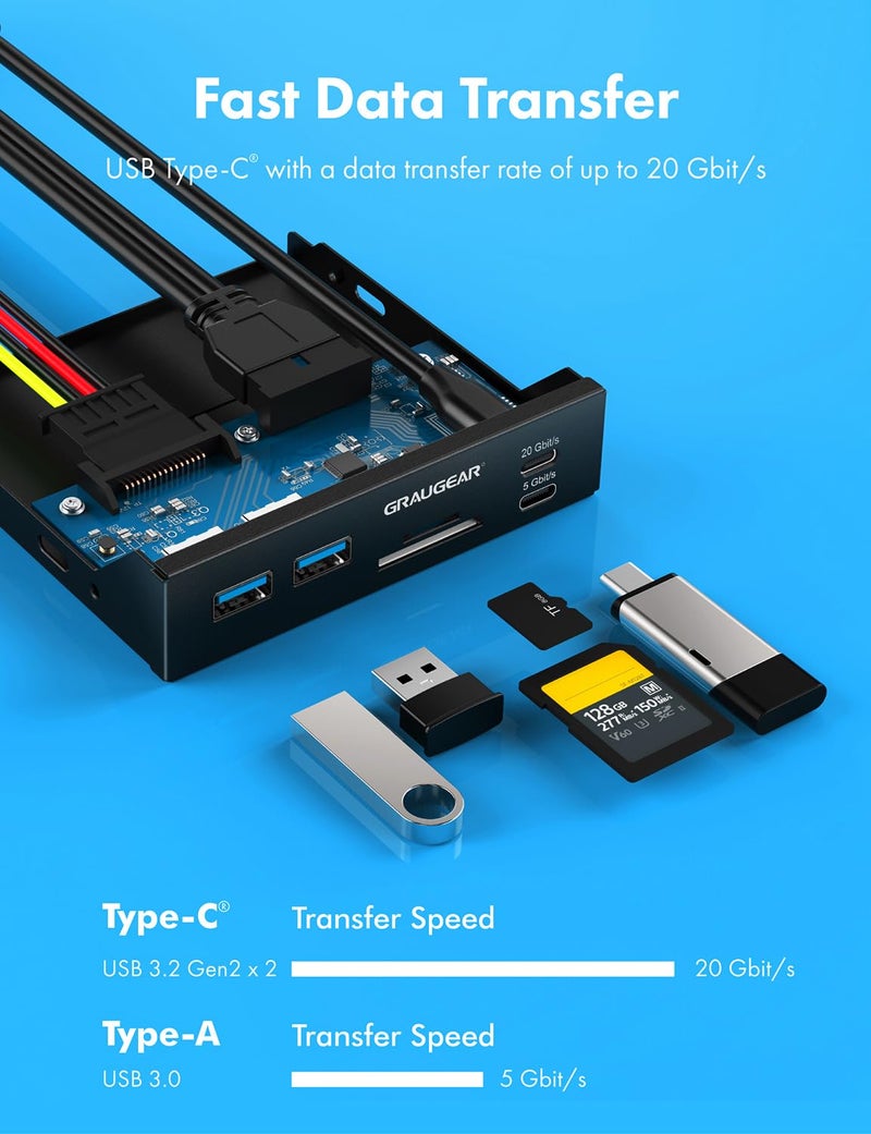 GRAUGEAR 3.5 Inch Front Panel USB C Hub, SD/microSD Internal Card Reader, 20Gbps USB 3.2 Gen 2x2, USB3.2 Type-E Key-A 20-Pin Header & USB3.0 Header & 15-Pin SATA Power Connector Required [G-MP01CR] - Image 2