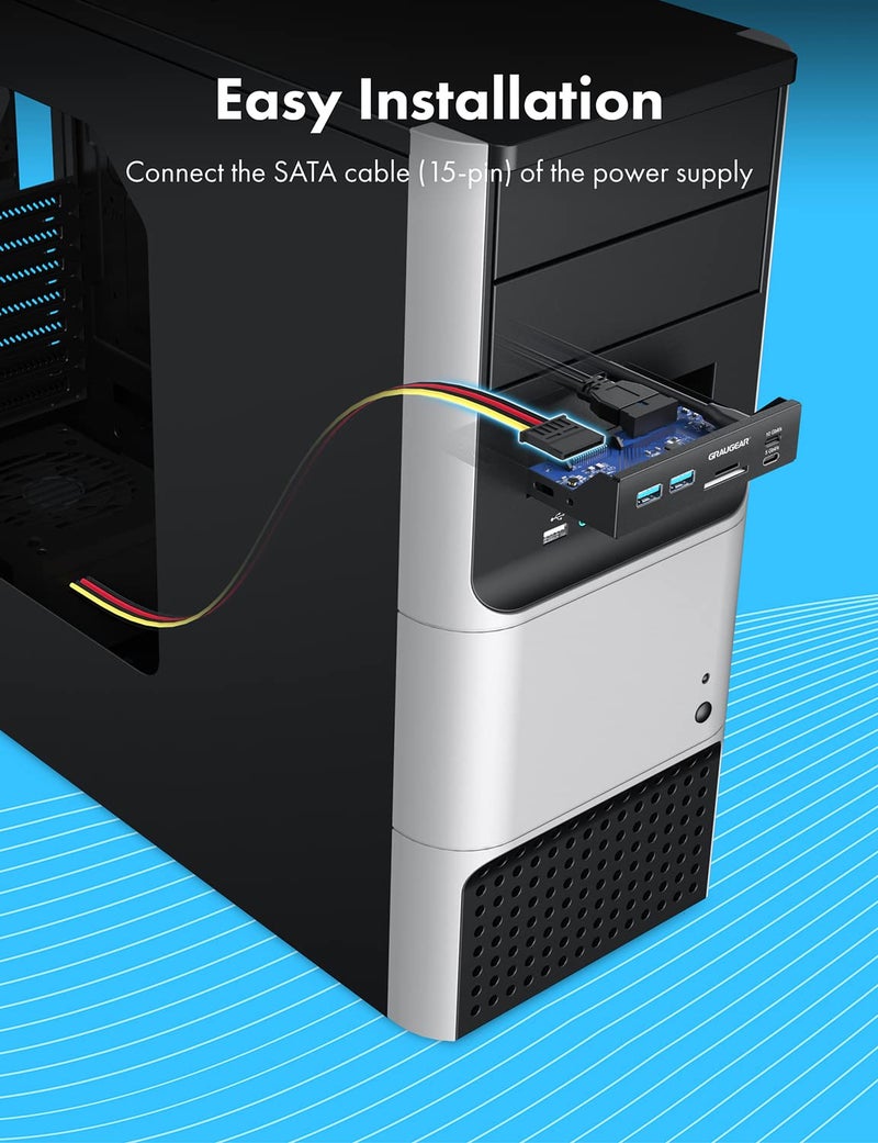 GRAUGEAR 3.5 Inch Front Panel USB C Hub, SD/microSD Internal Card Reader, 20Gbps USB 3.2 Gen 2x2, USB3.2 Type-E Key-A 20-Pin Header & USB3.0 Header & 15-Pin SATA Power Connector Required [G-MP01CR] - Image 3