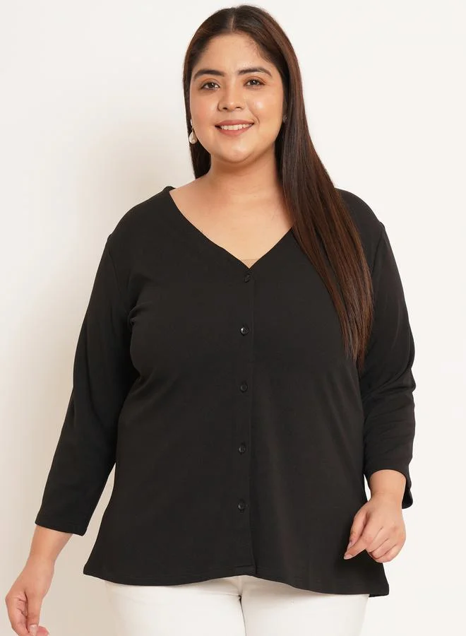 U&F Plus Solid V Neck Top with Buttons by Styli