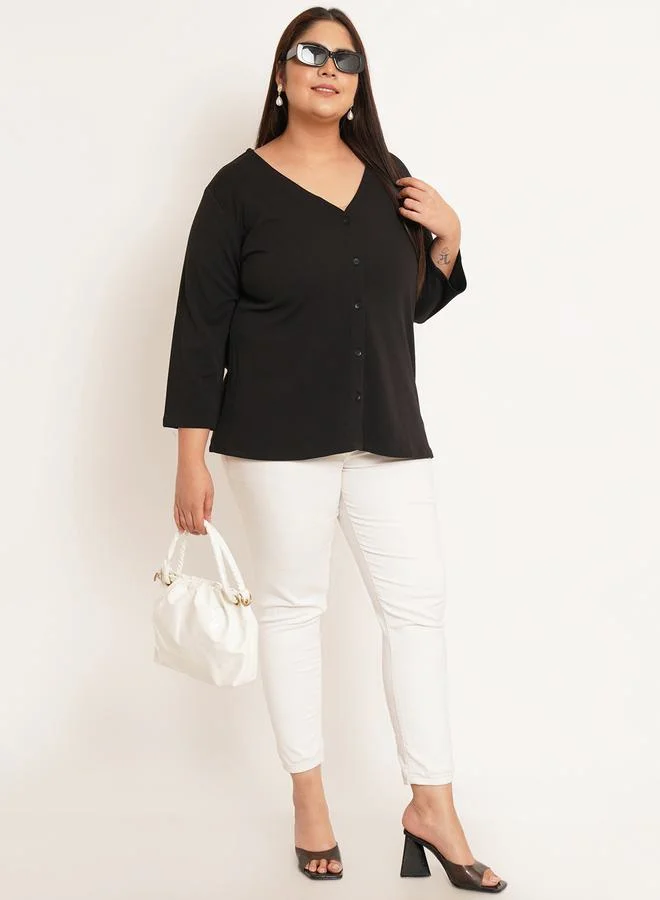 U&F Plus Solid V Neck Top with Buttons by Styli