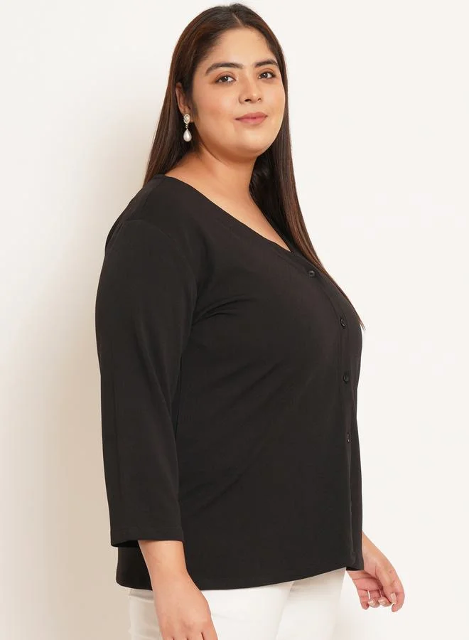 U&F Plus Solid V Neck Top with Buttons by Styli