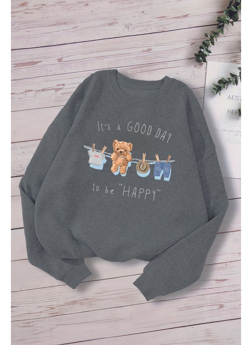 Myada New Season It's A Good Day To Be Happy Written Oversize Hooded Kids Sweatshirt 13586  - Image 1