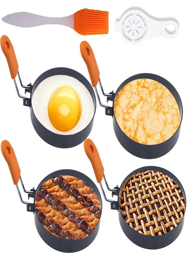 WOWITIS Upgrade 4" Large Egg Rings Set for Griddle,4 Packs Non-stick Stainless Steel Round Egg Ring for Frying Egg Pancake Mold Ring Omelette Ring Shapper for Muffin with 1X Oil Brush & 1X Egg Separator - Image 1