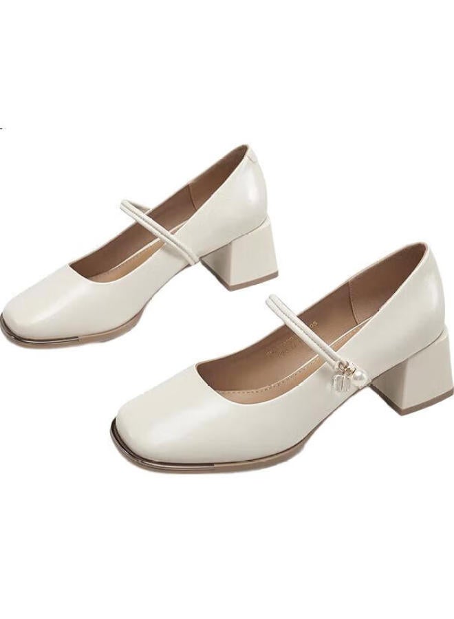 YEARCON أحذية ماري جين 24 أسلوب فرنسي جديد أحذية فردية للنساء ذات فم ضحل كعب سميك 29304W بيج 36 - Image 1