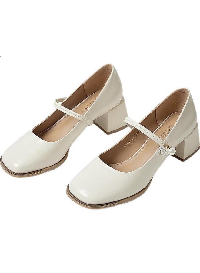 YEARCON أحذية ماري جين 24 أسلوب فرنسي جديد أحذية فردية للنساء ذات فم ضحل كعب سميك 29304W بيج 36 - Image 3