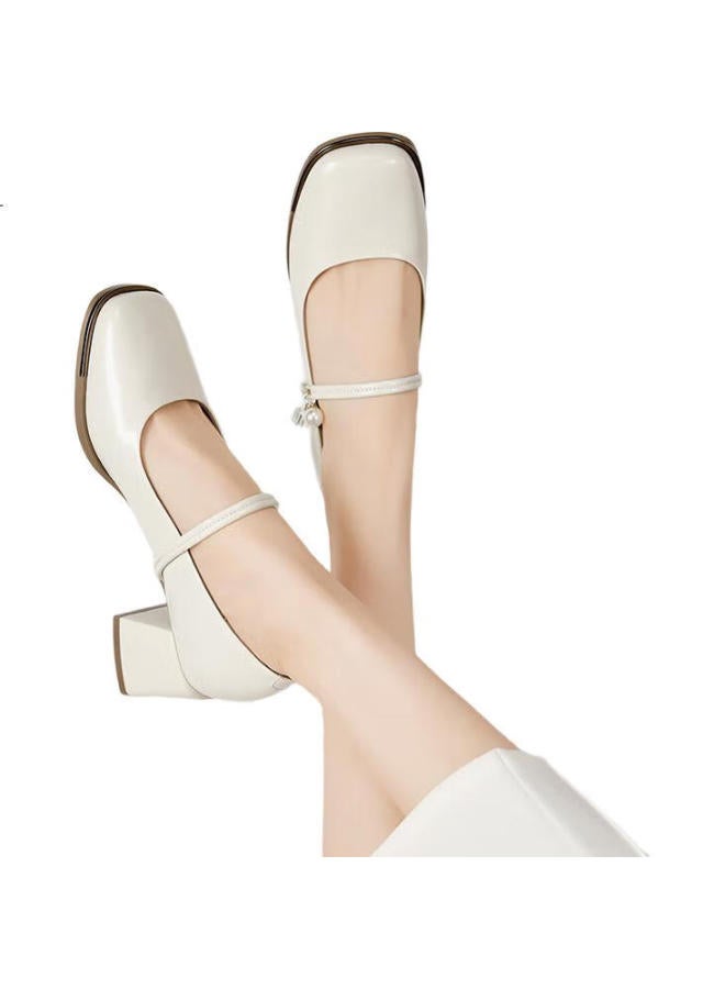 YEARCON أحذية ماري جين 24 أسلوب فرنسي جديد أحذية فردية للنساء ذات فم ضحل كعب سميك 29304W بيج 36 - Image 2