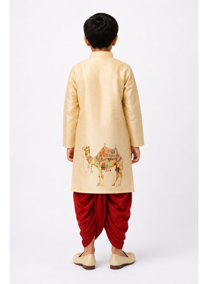 Devoiler Boys Beige Printed Design Art Silk Kurta Set - Image 3