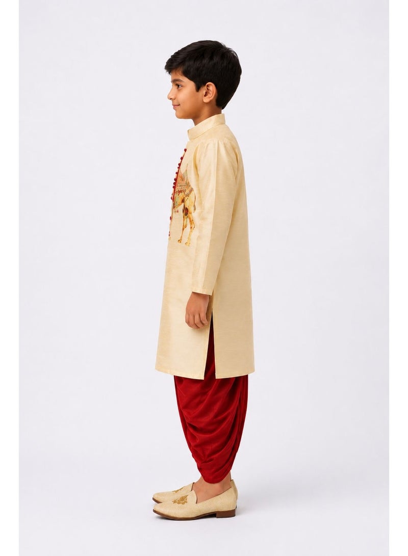 Devoiler Boys Beige Printed Design Art Silk Kurta Set - Image 2