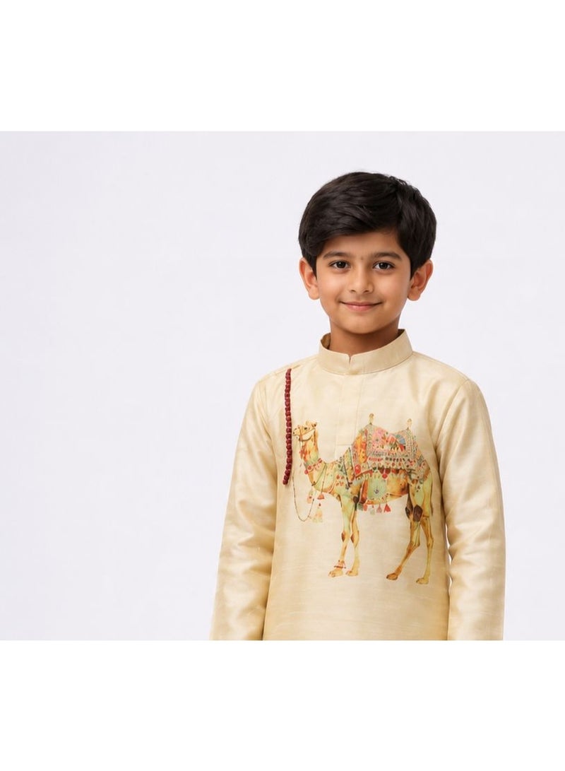 Devoiler Boys Beige Printed Design Art Silk Kurta Set - Image 1