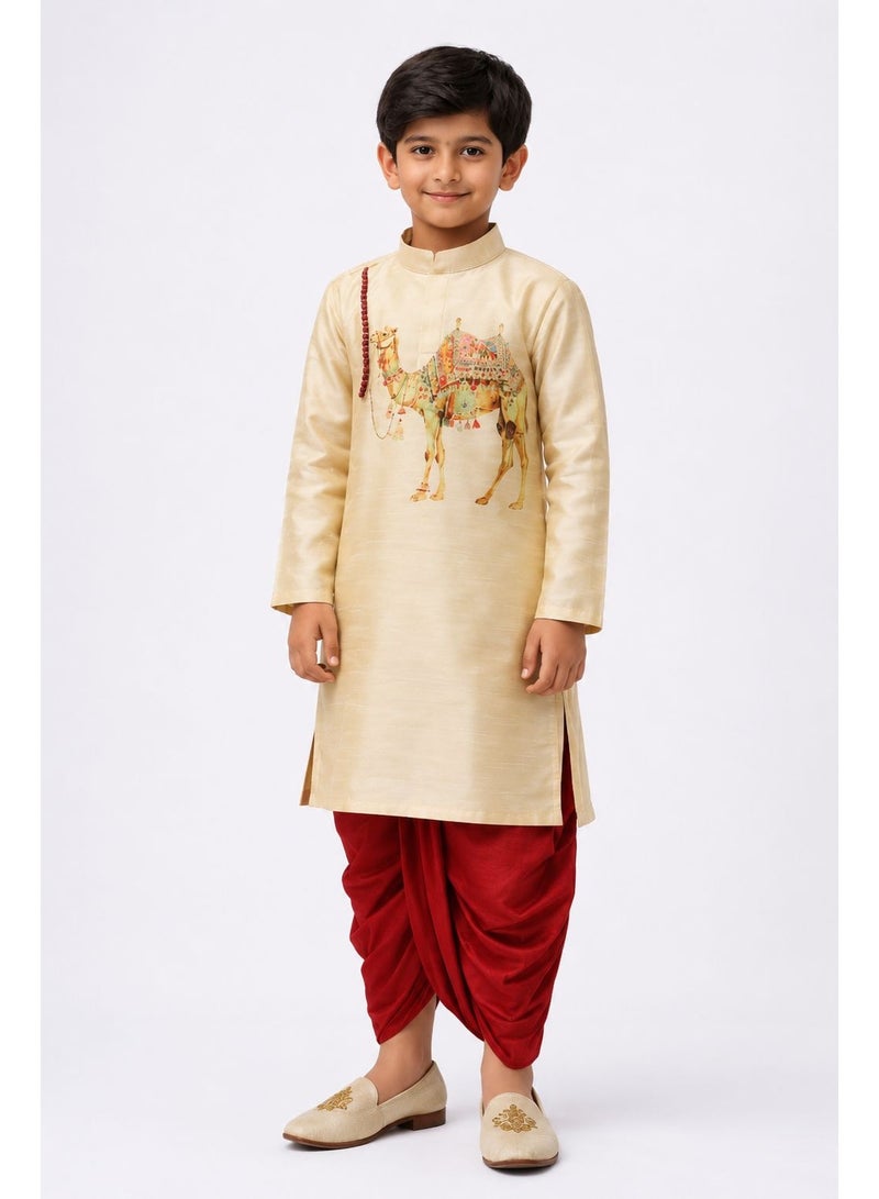 Devoiler Boys Beige Printed Design Art Silk Kurta Set - Image 4