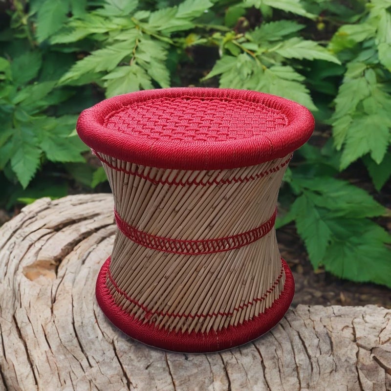 eGharonda Bamboo SARKANDA Pure Handmade Mudda Stool Red Set of 2 14x13 Inches - Image 2
