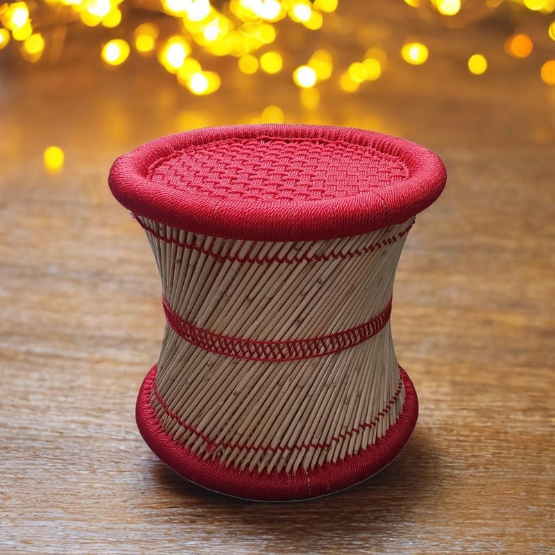 eGharonda Bamboo SARKANDA Pure Handmade Mudda Stool Red Set of 2 14x13 Inches - Image 5