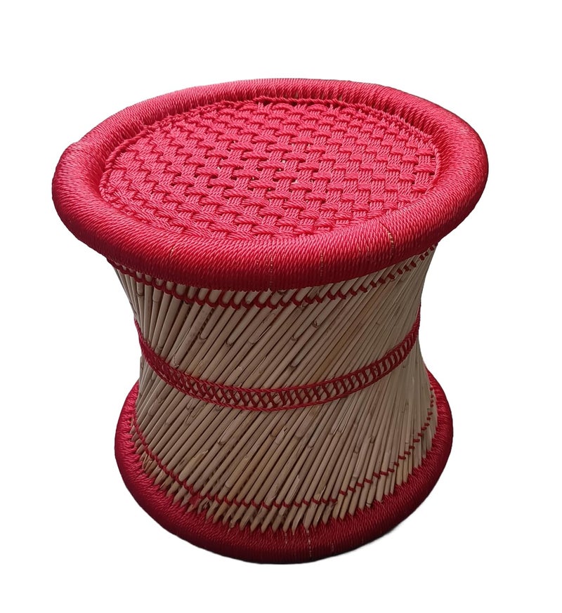 eGharonda Bamboo SARKANDA Pure Handmade Mudda Stool Red Set of 2 14x13 Inches - Image 4