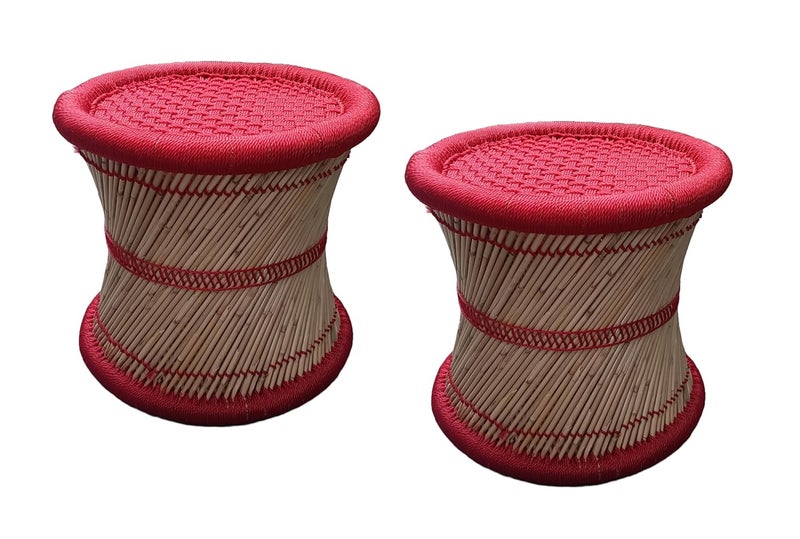 eGharonda Bamboo SARKANDA Pure Handmade Mudda Stool Red Set of 2 14x13 Inches - Image 1