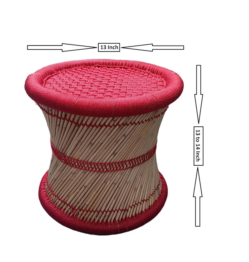 eGharonda Bamboo SARKANDA Pure Handmade Mudda Stool Red Set of 2 14x13 Inches - Image 3
