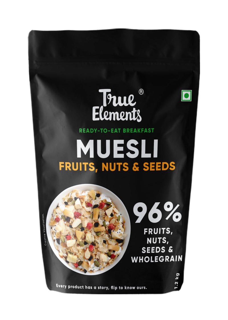 True Elements موسلي بالفواكه والمكسرات 1.2 كجم من True Elements - مع فواكه حقيقية ولوز | 100% حبوب كاملة | حبوب الإفطار | موسلي بروتين | بدون سكر مضاف | عبوة قيمة فائقة - Image 1